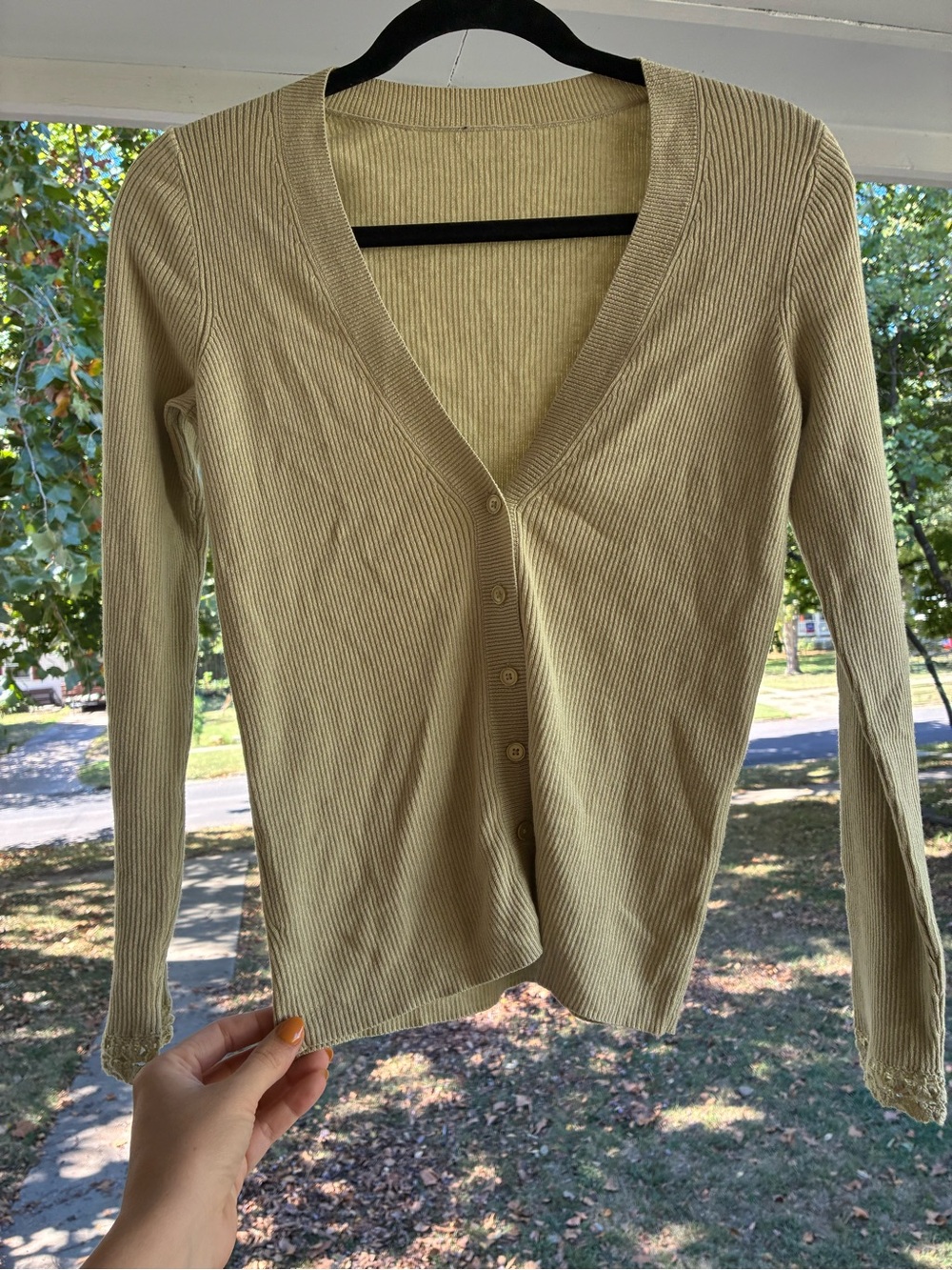 V-Neck Ribbed Button-Front Cardigan - Light Olive